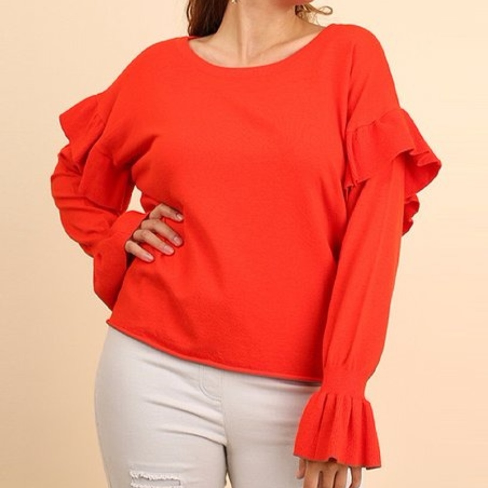 Plus Tangerine Ruffle-Sleeve Scoop Neck Sweater